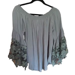 Muche Muchette Peasant Top Black floral Lace Sleeves One Size